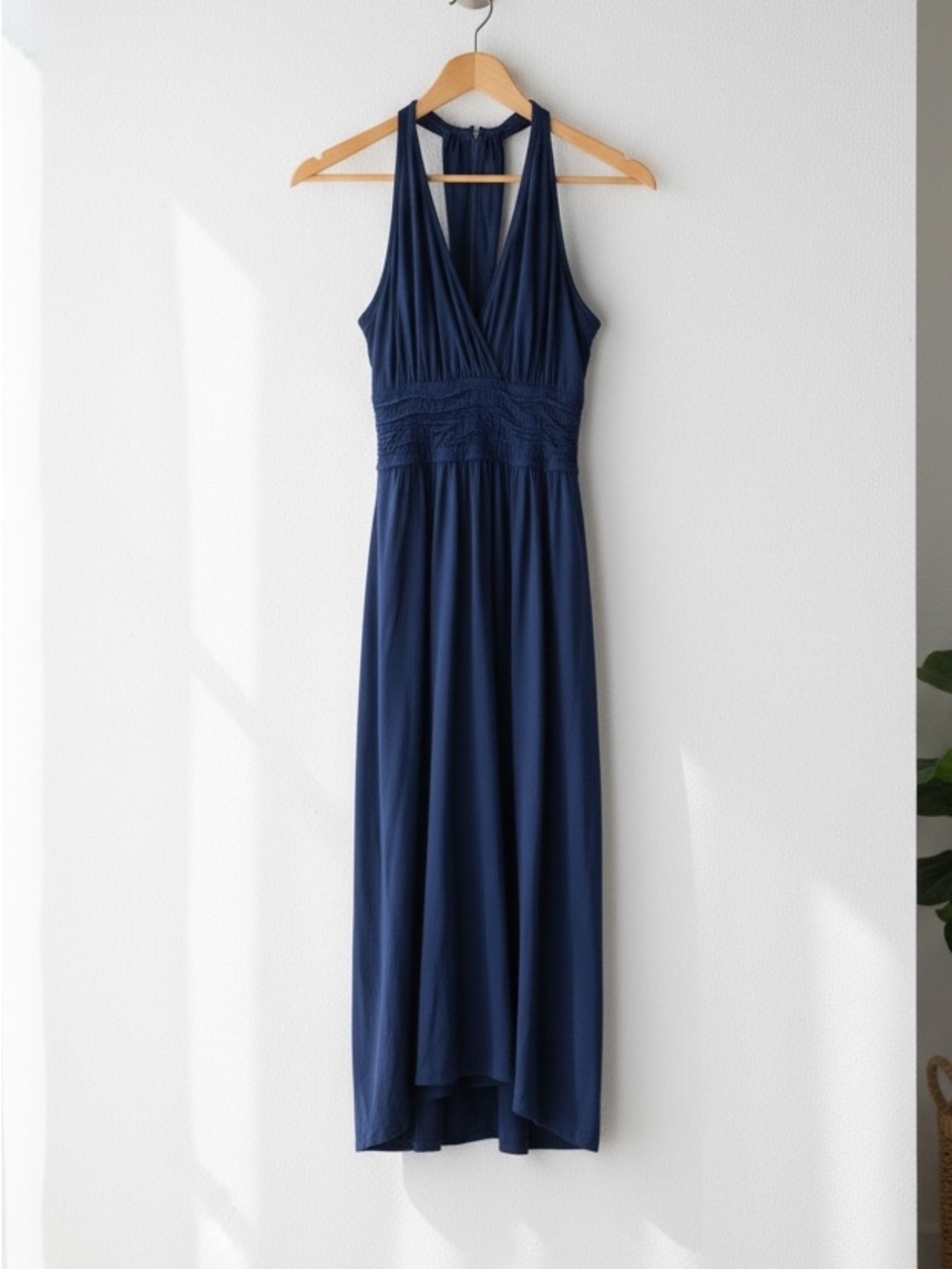 Evan Picone Navy Blue Ruched Halter Midi Dress - Size 10